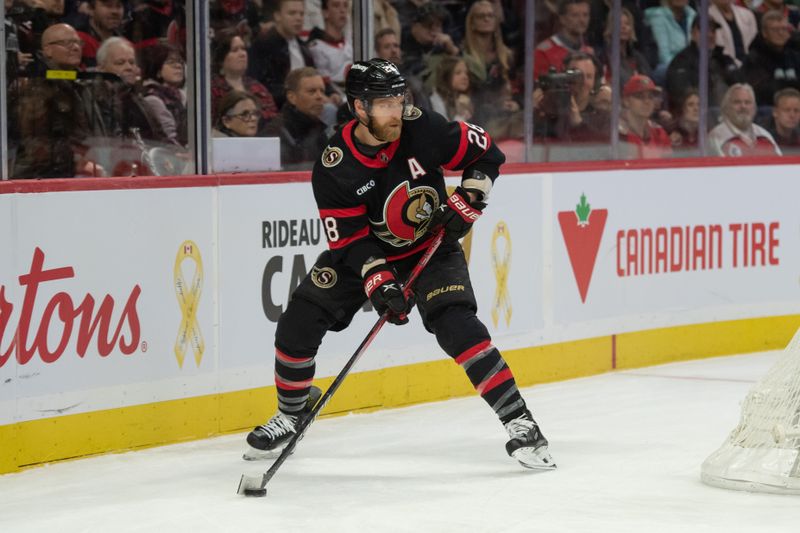 Nov 2, 2023; Ottawa, Ontario, CAN; Ottawa Senators right wing Claude Giroux (28) skates with the puck in the first period against the Los Angeles Kings at the Canadian Tire Centre. Mandatory Credit: Marc DesRosiers-USA TODAY Sports