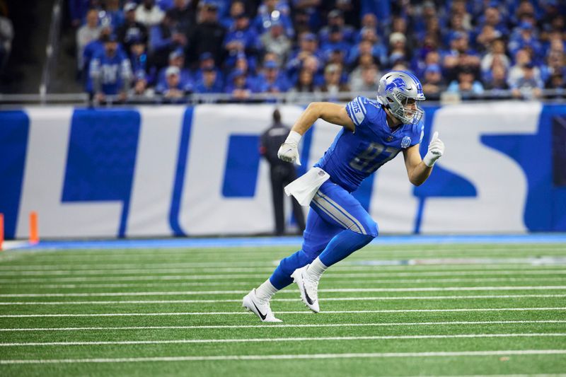 Detroit Lions tight end Sam LaPorta (87) runs a route against the Los Angeles Rams during an NFL wild-card playoff football game, Saturday, Jan. 14, 2024, in Detroit. (AP Photo/Rick Osentoski)