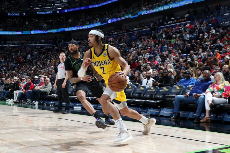 NEW ORLEANS, LA - MARCH 1:  Andrew Nembhard #2 of the Indiana Pacers drives to the basket during the game against the New Orleans Pelicans on March 1, 2024 at the Smoothie King Center in New Orleans, Louisiana. NOTE TO USER: User expressly acknowledges and agrees that, by downloading and or using this Photograph, user is consenting to the terms and conditions of the Getty Images License Agreement. Mandatory Copyright Notice: Copyright 2024 NBAE (Photo by Layne Murdoch Jr./NBAE via Getty Images)