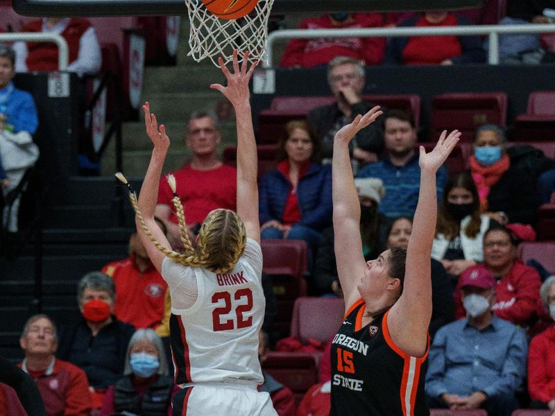 Jan 27, 2023; Stanford, California, USA; Stanford Cardinal forward Cameron Brink (22) shoots the basketball during the third quarter against Oregon State Beavers forward Raegan Beers (15) at Maples Pavilion. Mandatory Credit: Neville E. Guard-USA TODAY Sports