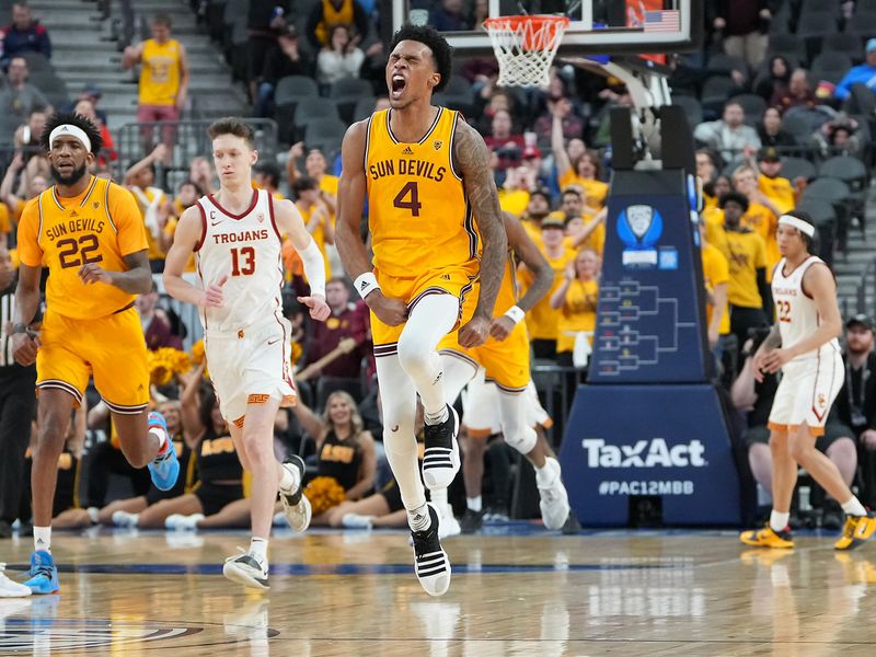 Mar 9, 2023; Las Vegas, NV, USA; Arizona State Sun Devils guard Desmond Cambridge Jr. (4) celebrates after scoring against the USC Trojans during the second half at T-Mobile Arena. Mandatory Credit: Stephen R. Sylvanie-USA TODAY Sports