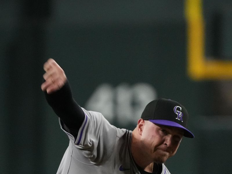 Aug 12, 2024; Phoenix, Arizona, USA; Colorado Rockies pitcher Bradley Blalock (64) throws against the Arizona Diamondbacks in the first inning at Chase Field. Mandatory Credit: Rick Scuteri-USA TODAY Sports