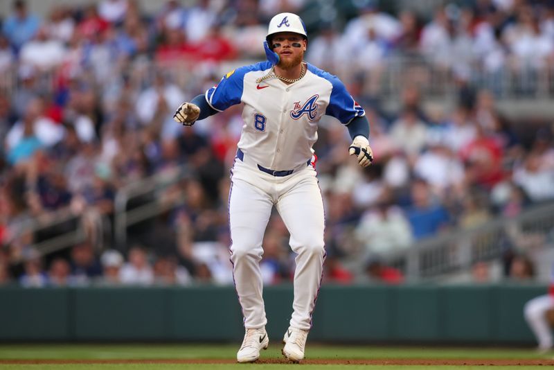 Apr 19, 2025; Atlanta, Georgia, USA; Atlanta Braves left fielder Alex Verdugo (8) takes a lead against the Minnesota Twins in the first inning at Truist Park. Mandatory Credit: Brett Davis-Imagn Images
