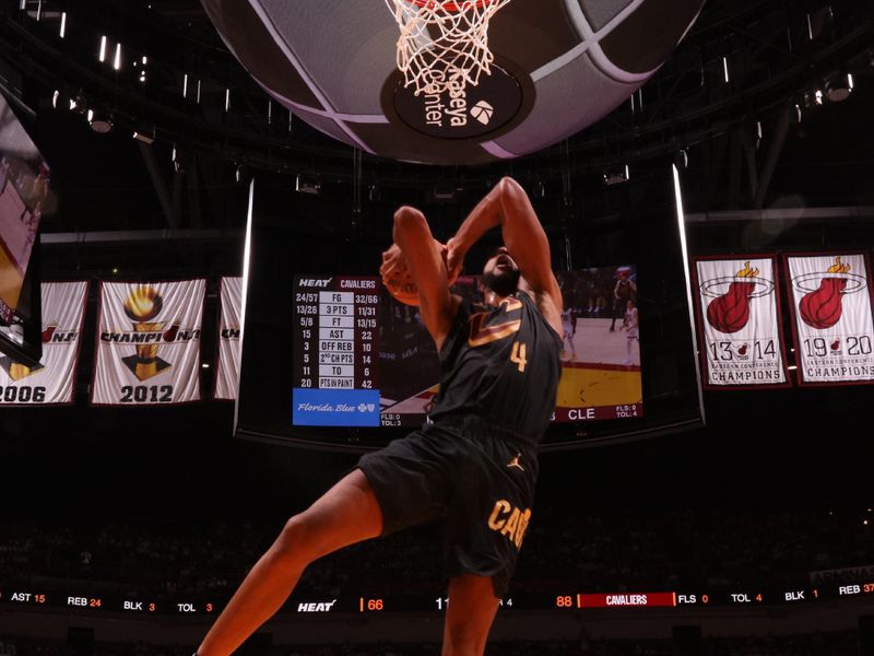 MIAMI, FL - APRIL 26: Evan Mobley #4 of the Cleveland Cavaliers drives to the basket during the game against the Miami Heat during Round 1 Game 3 of the 2025 NBA Playoffs on April 26, 2025 at Kaseya Center in Miami, Florida. NOTE TO USER: User expressly acknowledges and agrees that, by downloading and or using this Photograph, user is consenting to the terms and conditions of the Getty Images License Agreement. Mandatory Copyright Notice: Copyright 2025 NBAE (Photo by Issac Baldizon/NBAE via Getty Images)