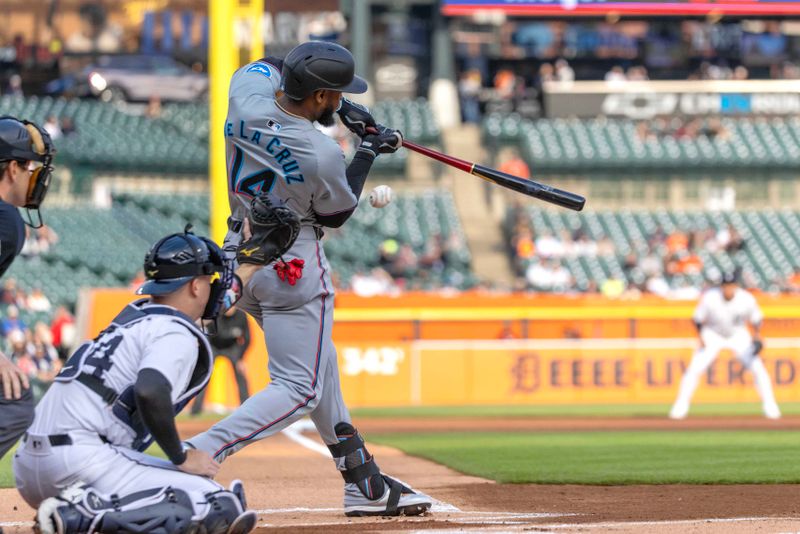 May 14, 2024; Detroit, Michigan, USA; Miami Marlins outfielder Bryan De La Cruz (14) strikes out in the first inning against the Detroit Tigers at Comerica Park. Mandatory Credit: David Reginek-USA TODAY Sports