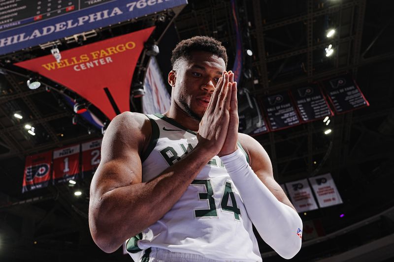 PHILADELPHIA, PA - OCTOBER 23: Giannis Antetokounmpo #34 of the Milwaukee Bucks looks on during the game against the Philadelphia 76ers on October 23, 2024 at the Wells Fargo Center in Philadelphia, Pennsylvania NOTE TO USER: User expressly acknowledges and agrees that, by downloading and/or using this Photograph, user is consenting to the terms and conditions of the Getty Images License Agreement. Mandatory Copyright Notice: Copyright 2024 NBAE (Photo by Jesse D. Garrabrant/NBAE via Getty Images)