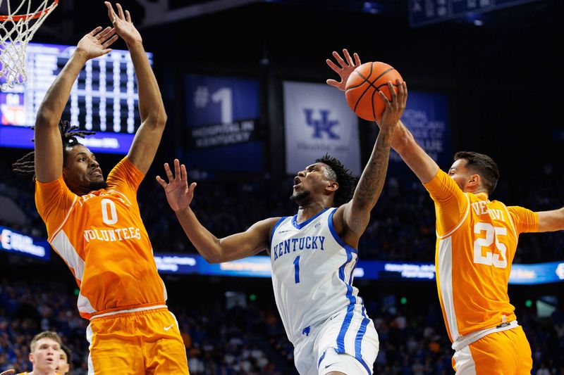 Feb 3, 2024; Lexington, Kentucky, USA; Kentucky Wildcats guard Justin Edwards (1) goes to the basket during the second half against the Tennessee Volunteers at Rupp Arena at Central Bank Center. Mandatory Credit: Jordan Prather-USA TODAY Sports