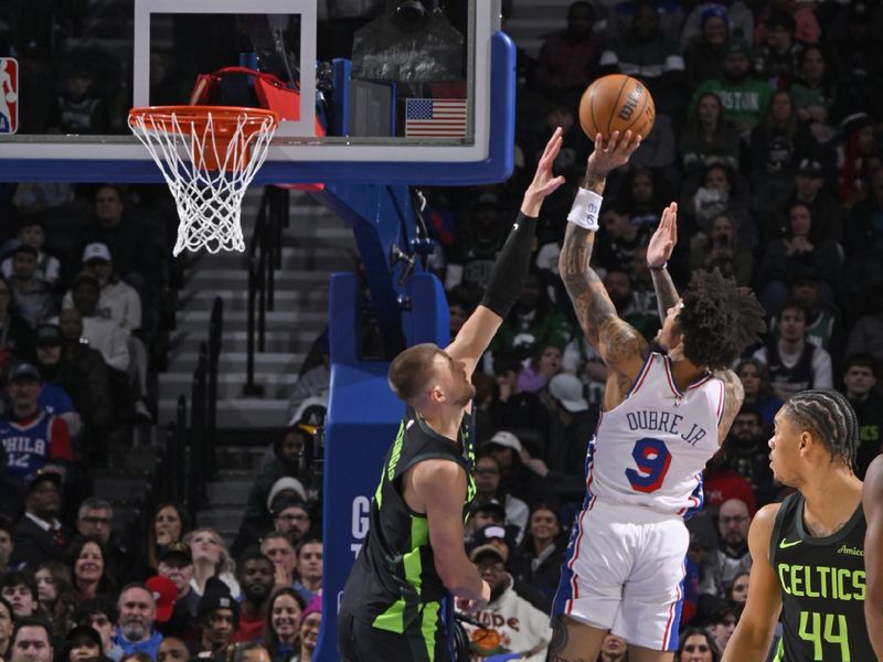 PHILADELPHIA, PA - FEBRUARY 2: Kelly Oubre Jr. #9 of the Philadelphia 76ers shoots the ball during the game against the Boston Celtics on February 2, 2025 at the Wells Fargo Center in Philadelphia, Pennsylvania NOTE TO USER: User expressly acknowledges and agrees that, by downloading and/or using this Photograph, user is consenting to the terms and conditions of the Getty Images License Agreement. Mandatory Copyright Notice: Copyright 2025 NBAE (Photo by David Dow/NBAE via Getty Images)