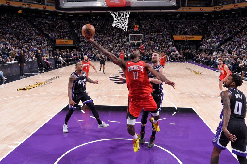 SACRAMENTO, CA - JANUARY 16:  Tari Eason #17 of the Houston Rockets drives to the basket during the game against the Sacramento Kings on January 16, 2025 at Golden 1 Center in Sacramento, California. NOTE TO USER: User expressly acknowledges and agrees that, by downloading and or using this Photograph, user is consenting to the terms and conditions of the Getty Images License Agreement. Mandatory Copyright Notice: Copyright 2025 NBAE (Photo by Rocky Widner/NBAE via Getty Images)