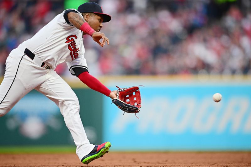 Apr 8, 2024; Cleveland, Ohio, USA; Cleveland Guardians third baseman Jose Ramirez (11) fields a ball during the ninth inning against the Cleveland Guardians at Progressive Field. Mandatory Credit: David Dermer-USA TODAY Sports