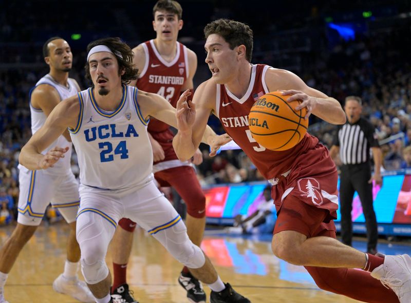 Feb 16, 2023; Los Angeles, California, USA; Stanford Cardinal guard Michael O'Connell (5) drives past UCLA Bruins guard Jaime Jaquez Jr. (24) in the first half at Pauley Pavilion presented by Wescom. Mandatory Credit: Jayne Kamin-Oncea-USA TODAY Sports