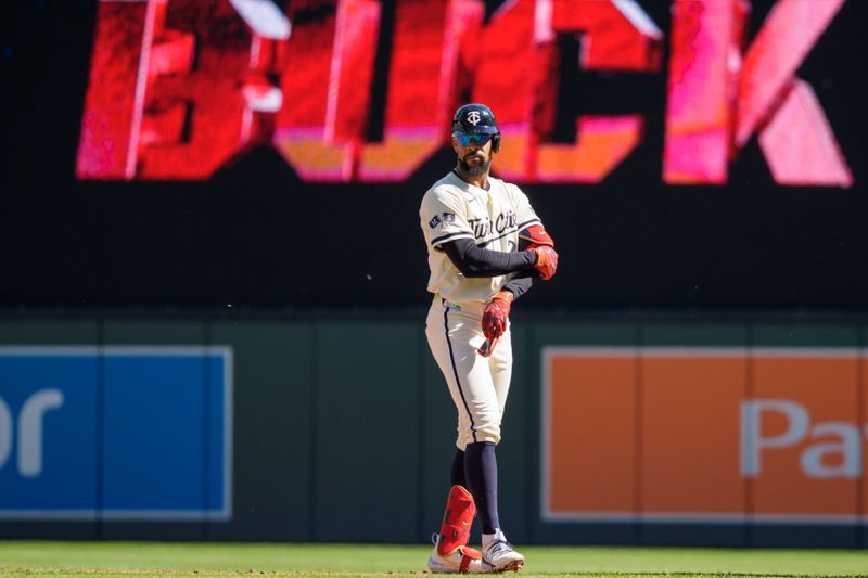 Sep 21, 2025; Minneapolis, Minnesota, USA; Minnesota Twins outfielder Byron Buxton (25) after hitting a double against the Cleveland Guardians in the third inning at Target Field. Mandatory Credit: Matt Blewett-Imagn Images