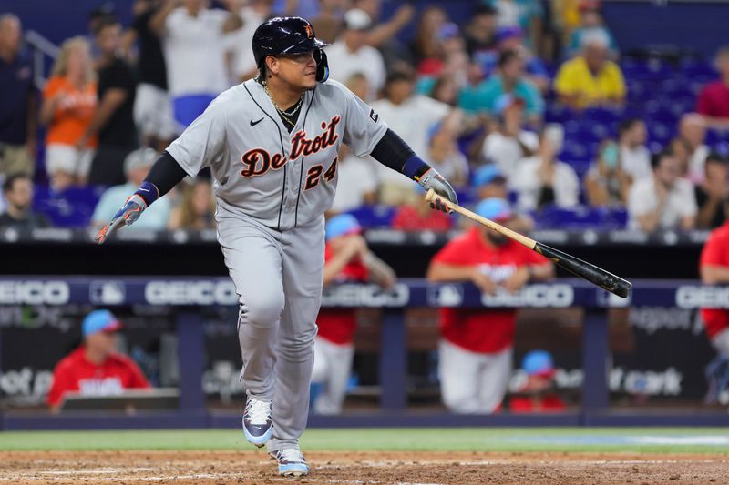 Jul 29, 2023; Miami, Florida, USA; Detroit Tigers designated hitter Miguel Cabrera (24) looks on after hitting a single against the Miami Marlins during the ninth inning at loanDepot Park. Mandatory Credit: Sam Navarro-USA TODAY Sports