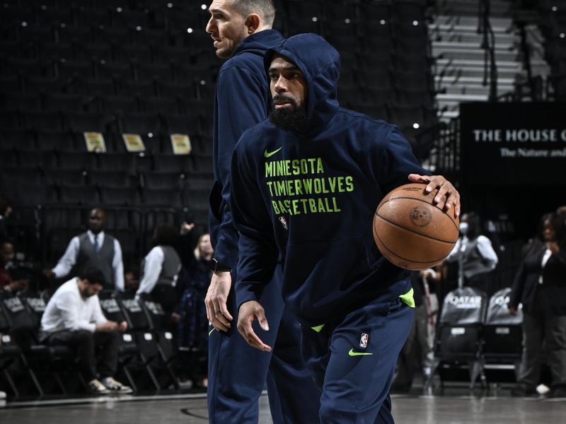 BROOKLYN, NY - JANUARY 25: Mike Conley #10 of the Minnesota Timberwolves warms up before the game against the Brooklyn Nets on January 25, 2024 at Barclays Center in Brooklyn, New York. NOTE TO USER: User expressly acknowledges and agrees that, by downloading and or using this Photograph, user is consenting to the terms and conditions of the Getty Images License Agreement. Mandatory Copyright Notice: Copyright 2024 NBAE (Photo by David Dow/NBAE via Getty Images)