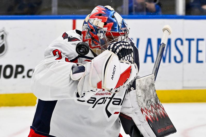 Jan 20, 2024; St. Louis, Missouri, USA;  Washington Capitals goaltender Charlie Lindgren (79) defends the net against the St. Louis Blues during the second period at Enterprise Center. Mandatory Credit: Jeff Curry-USA TODAY Sports