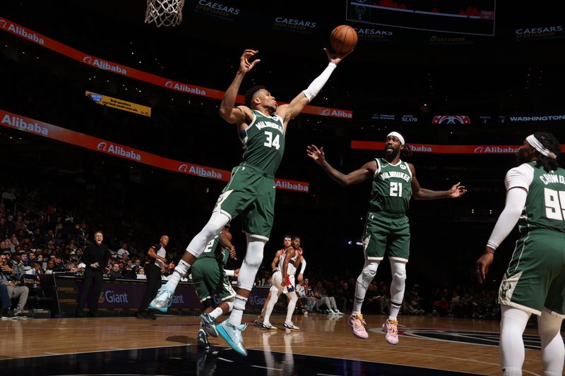 WASHINGTON, DC -? APRIL 2: Giannis Antetokounmpo #34 of the Milwaukee Bucks grabs the rebound during the game against the Washington Wizards on April 2, 2024 at Capital One Arena in Washington, DC. NOTE TO USER: User expressly acknowledges and agrees that, by downloading and or using this Photograph, user is consenting to the terms and conditions of the Getty Images License Agreement. Mandatory Copyright Notice: Copyright 2024 NBAE (Photo by Stephen Gosling/NBAE via Getty Images)