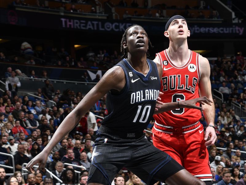 ORLANDO, FL - JANUARY 28: Bol Bol #10 of the Orlando Magic boxes out during the game against the Chicago Bulls on January 28, 2023 at Amway Center in Orlando, Florida. NOTE TO USER: User expressly acknowledges and agrees that, by downloading and or using this photograph, User is consenting to the terms and conditions of the Getty Images License Agreement. Mandatory Copyright Notice: Copyright 2023 NBAE (Photo by Fernando Medina/NBAE via Getty Images)