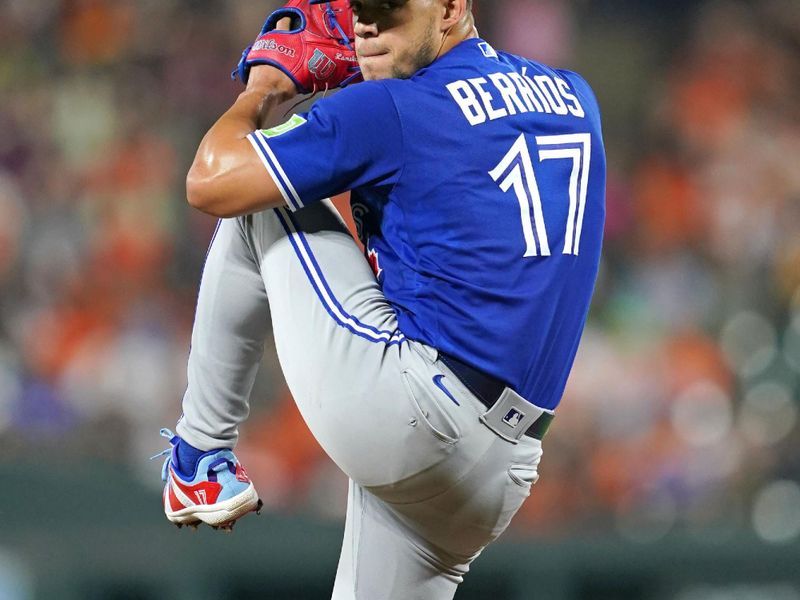 Aug 24, 2023; Baltimore, Maryland, USA; Toronto Blue Jays  pitcher Jose Berrios (17) delivers in them first inning against the Baltimore Orioles at Oriole Park at Camden Yards. Mandatory Credit: Mitch Stringer-USA TODAY Sports