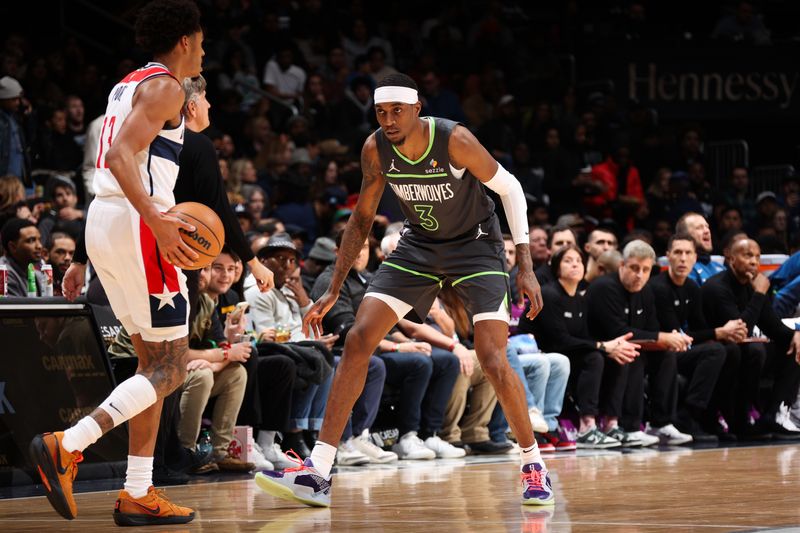 WASHINGTON, DC -? JANUARY 13:  Jaden McDaniels #3 of the Minnesota Timberwolves plays defense during the game against the Washington Wizards on January 13, 2025 at Capital One Arena in Washington, DC. NOTE TO USER: User expressly acknowledges and agrees that, by downloading and or using this Photograph, user is consenting to the terms and conditions of the Getty Images License Agreement. Mandatory Copyright Notice: Copyright 2025 NBAE (Photo by Stephen Gosling/NBAE via Getty Images)