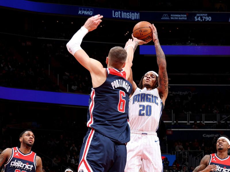 WASHINGTON, DC -? JANUARY 21: Markelle Fultz #20 of the Orlando Magic shoots the ball during the game against the Washington Wizards  on January 21, 2023 at Capital One Arena in Washington, DC. NOTE TO USER: User expressly acknowledges and agrees that, by downloading and or using this Photograph, user is consenting to the terms and conditions of the Getty Images License Agreement. Mandatory Copyright Notice: Copyright 2023 NBAE (Photo by Stephen Gosling/NBAE via Getty Images)