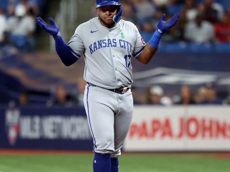 May 24, 2024; St. Petersburg, Florida, USA; Kansas City Royals outfielder Nelson Velazquez (17) reacts to the dugout after he singled against the Tampa Bay Rays during the third inning at Tropicana Field. Mandatory Credit: Kim Klement Neitzel-USA TODAY Sports