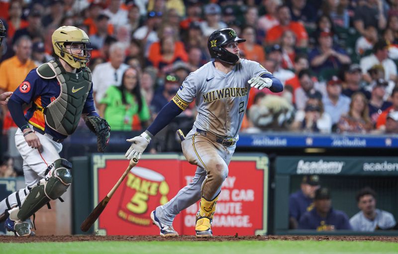 May 19, 2024; Houston, Texas, USA; Milwaukee Brewers second baseman Brice Turang (2) drives in two runs with an RBI single during the seventh inning against the Houston Astros at Minute Maid Park. Mandatory Credit: Troy Taormina-USA TODAY Sports