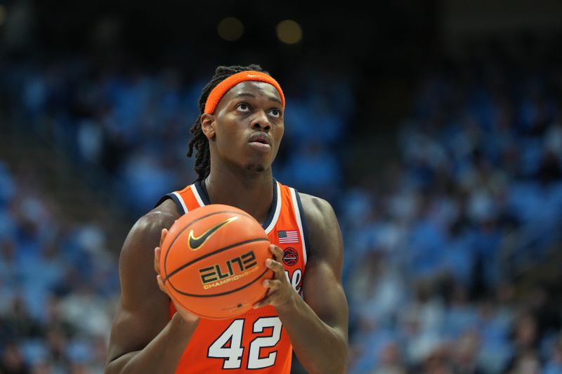 Feb 2, 2026; Chapel Hill, North Carolina, USA; Syracuse Orange forward William Kyle III (42) at the free throw line in the first half at Dean E. Smith Center. Mandatory Credit: Bob Donnan-Imagn Images