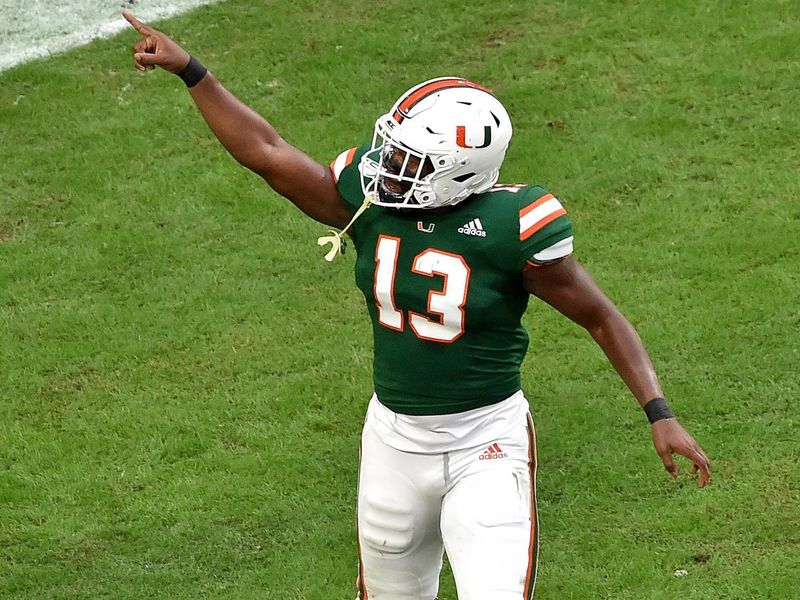 Nov 9, 2019; Miami Gardens, FL, USA; Miami Hurricanes running back DeeJay Dallas (13) reacts after scoring a touchdown against the Louisville Cardinals during the first half at Hard Rock Stadium. Mandatory Credit: Steve Mitchell-USA TODAY Sports