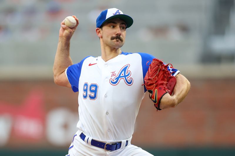 May 6, 2023; Atlanta, Georgia, USA; Atlanta Braves starting pitcher Spencer Strider (99) throws against the Baltimore Orioles in the second inning at Truist Park. Mandatory Credit: Brett Davis-USA TODAY Sports
