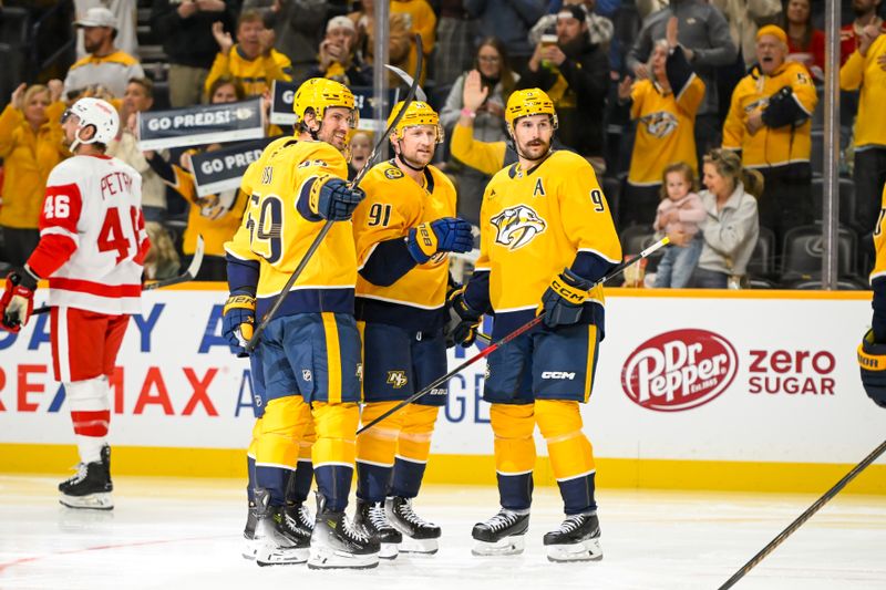 Oct 19, 2024; Nashville, Tennessee, USA; Nashville Predators center Steven Stamkos (91) celebrates his goal with his teammates against the Detroit Red Wings during the third period at Bridgestone Arena. Mandatory Credit: Steve Roberts-Imagn Images