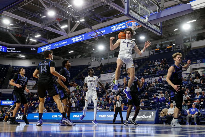 Jan 13, 2024; Colorado Springs, Colorado, USA; San Jose State Spartans guard Garrett Anderson (1) dunks the ball against Air Force Falcons guard Kellan Boylan (23) as forward Beau Becker (14) and guard Jeffrey Mills (24) and guard Byron Brown (11) and center Adrame Diongue (4) and guard Ethan Taylor (5) look on in the first half at Clune Arena. Mandatory Credit: Isaiah J. Downing-USA TODAY Sports