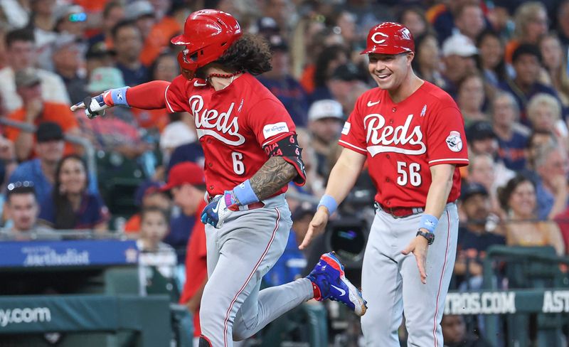 Jun 18, 2023; Houston, Texas, USA; Cincinnati Reds second baseman Jonathan India (6) points to the dugout after hitting a home run during the eighth inning against the Houston Astros at Minute Maid Park. Mandatory Credit: Troy Taormina-USA TODAY Sports