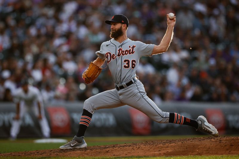 Jun 30, 2023; Denver, Colorado, USA; Detroit Tigers relief pitcher Chasen Shreve (36) pitches in the sixth inning against the Colorado Rockies at Coors Field. Mandatory Credit: Isaiah J. Downing-USA TODAY Sports