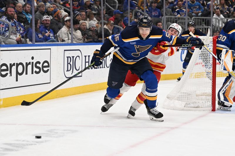 Jan 16, 2025; St. Louis, Missouri, USA; Calgary Flames left wing Jakob Pelletier (22) battles St. Louis Blues defenseman Colton Parayko (55) for the puck in the first period at Enterprise Center. Mandatory Credit: Joe Puetz-Imagn Images