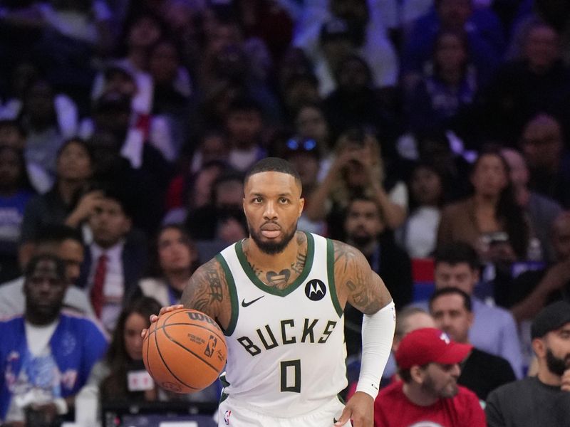 PHILADELPHIA, PA - OCTOBER 23: Damian Lillard #0 of the Milwaukee Bucks dribbles the ball during the game against the Philadelphia 76ers on October 23, 2024 at the Wells Fargo Center in Philadelphia, Pennsylvania NOTE TO USER: User expressly acknowledges and agrees that, by downloading and/or using this Photograph, user is consenting to the terms and conditions of the Getty Images License Agreement. Mandatory Copyright Notice: Copyright 2024 NBAE (Photo by Jesse D. Garrabrant/NBAE via Getty Images)