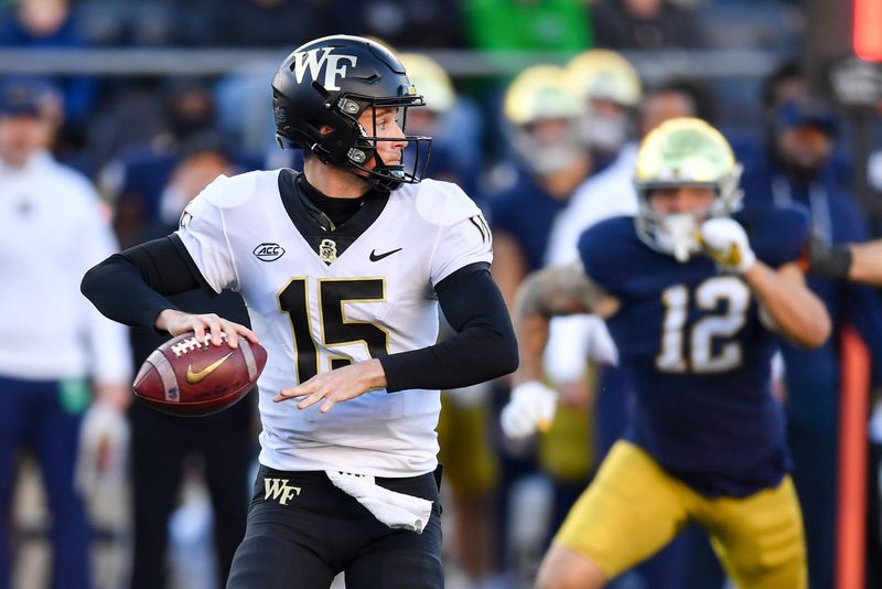 Nov 18, 2023; South Bend, Indiana, USA; Wake Forest Demon Deacons quarterback Michael Kern (15) looks to throw in the first quarter against the Notre Dame Fighting Irish at Notre Dame Stadium. Mandatory Credit: Matt Cashore-USA TODAY Sports