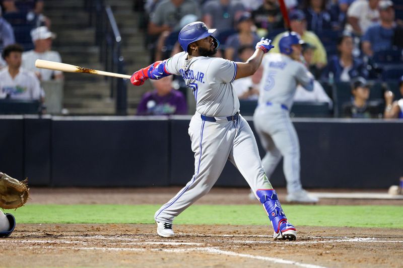 May 24, 2025; Tampa, Florida, USA; Toronto Blue Jays first baseman Vladimir Guerrero Jr. (27) hits a solo home run against the Tampa Bay Rays in the sixth inning at George M. Steinbrenner Field. Mandatory Credit: Nathan Ray Seebeck-Imagn Images