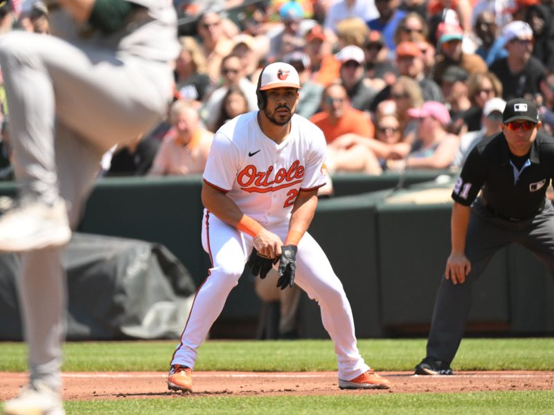 Apr 28, 2024; Baltimore, Maryland, USA;  Baltimore Orioles right fielder Anthony Santander (25) leads off first base second inning against the Oakland Athletics at Oriole Park at Camden Yards. Mandatory Credit: James A. Pittman-USA TODAY Sports