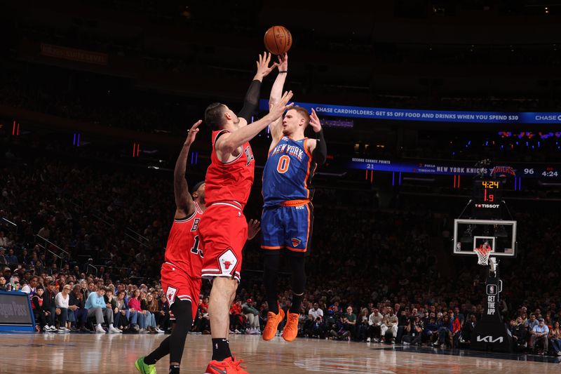 NEW YORK, NY - APRIL 14: Donte Divincenzo #0 of the New York Knicks shoots the ball during the game against the Chicago Bulls  on April 14, 2024 at Madison Square Garden in New York City, New York.  NOTE TO USER: User expressly acknowledges and agrees that, by downloading and or using this photograph, User is consenting to the terms and conditions of the Getty Images License Agreement. Mandatory Copyright Notice: Copyright 2024 NBAE  (Photo by Nathaniel S. Butler/NBAE via Getty Images)