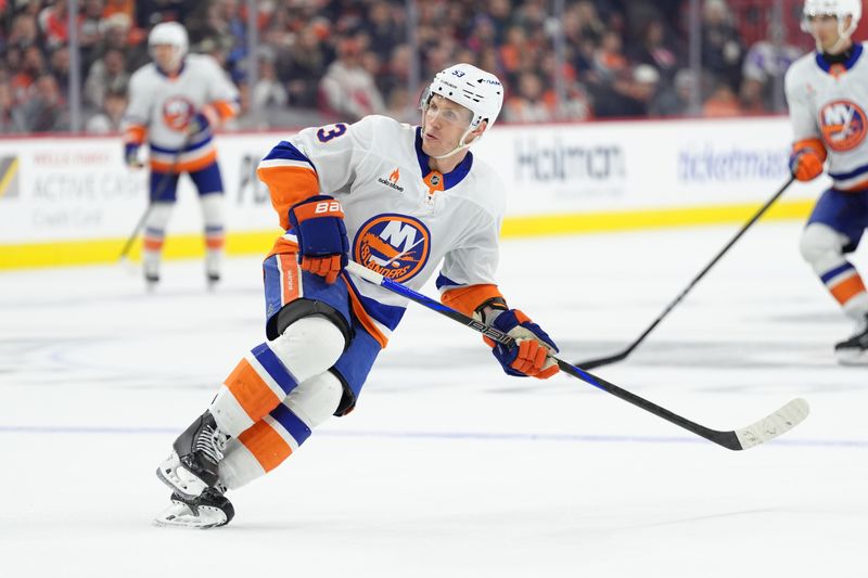 Apr 12, 2025; Philadelphia, Pennsylvania, USA; New York Islanders center Casey Cizikas (53) in action against the Philadelphia Flyers in the first period at Wells Fargo Center. Mandatory Credit: Kyle Ross-Imagn Images