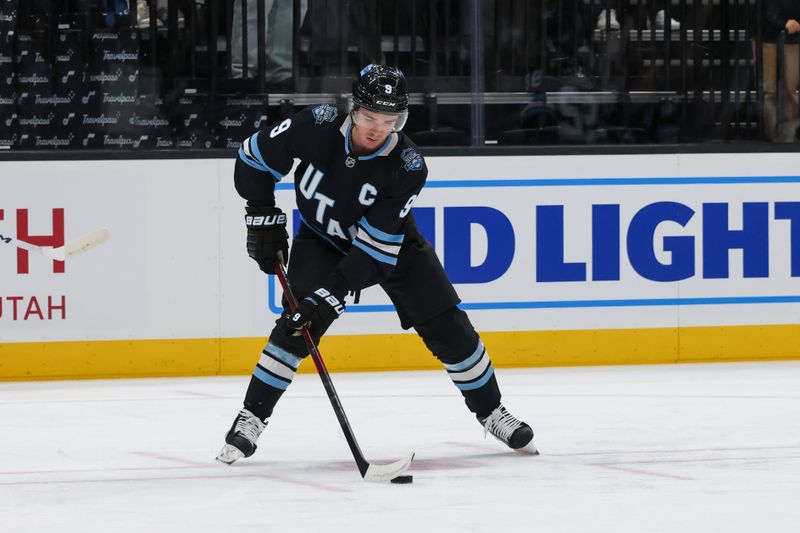 Oct 24, 2024; Salt Lake City, Utah, USA; Utah Hockey Club center Clayton Keller (9) warms up before a game against the before the game against the Colorado Avalanche at Delta Center. Mandatory Credit: Rob Gray-Imagn Images