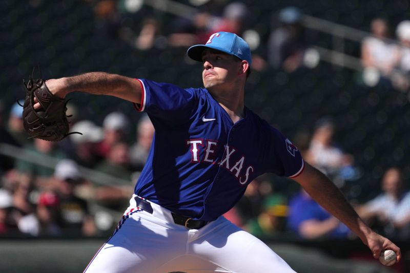 Mar 4, 2024; Surprise, Arizona, USA; Texas Rangers starting pitcher Cody Bradford (61) pitches against the Los Angeles Angels during the second inning at Surprise Stadium. Mandatory Credit: Joe Camporeale-USA TODAY Sports