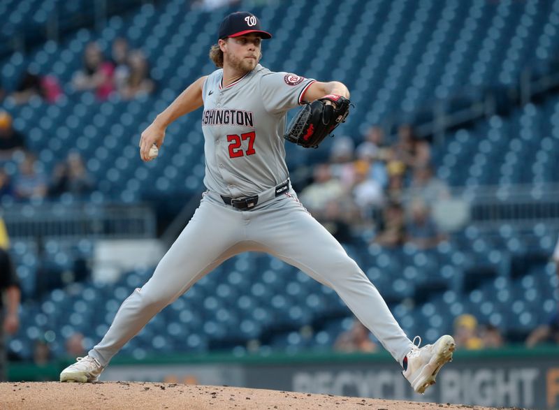 Sep 5, 2024; Pittsburgh, Pennsylvania, USA;  Washington Nationals starting pitcher Jake Irvin (27) delivers a pitch against the Pittsburgh Pirates during the first inning at PNC Park. Mandatory Credit: Charles LeClaire-Imagn Images