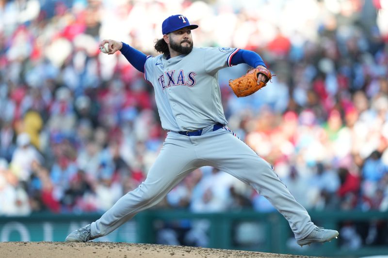 Mar 28, 2026; Philadelphia, Pennsylvania, USA; Texas Rangers relief pitcher Jakob Junis (16) throws a pitch against the Philadelphia Phillies in the seventh inning at Citizens Bank Park. Mandatory Credit: Kyle Ross-Imagn Images
