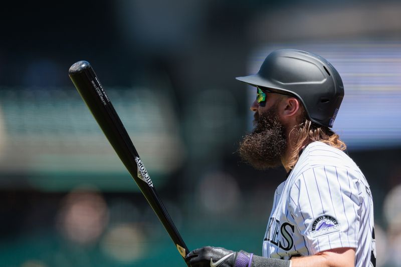 Jun 5, 2024; Denver, Colorado, USA; Colorado Rockies outfielder Charlie Blackmon (19) prepares to bat during the first inning against the Cincinnati Reds at Coors Field. Mandatory Credit: Andrew Wevers-USA TODAY Sports