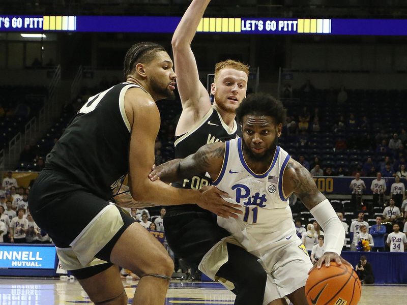 Jan 25, 2023; Pittsburgh, Pennsylvania, USA;  Pittsburgh Panthers guard Jamarius Burton (11) dribbles the ball against Wake Forest Demon Deacons forward Davion Bradford (20) and guard Cameron Hildreth (middle) during the second half at the Petersen Events Center. Pittsburgh won 81-79. Mandatory Credit: Charles LeClaire-USA TODAY Sports