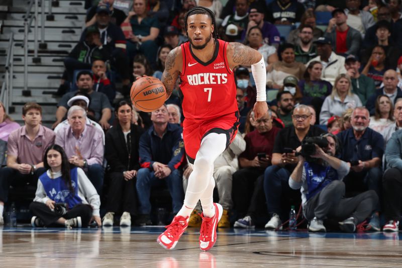 NEW ORLEANS, LA - FEBRUARY 22: Cam Whitmore #7 of the Houston Rockets dribbles the ball during the game against the New Orleans Pelicans on February 22, 2024 at the Smoothie King Center in New Orleans, Louisiana. NOTE TO USER: User expressly acknowledges and agrees that, by downloading and or using this Photograph, user is consenting to the terms and conditions of the Getty Images License Agreement. Mandatory Copyright Notice: Copyright 2024 NBAE (Photo by Layne Murdoch Jr./NBAE via Getty Images)