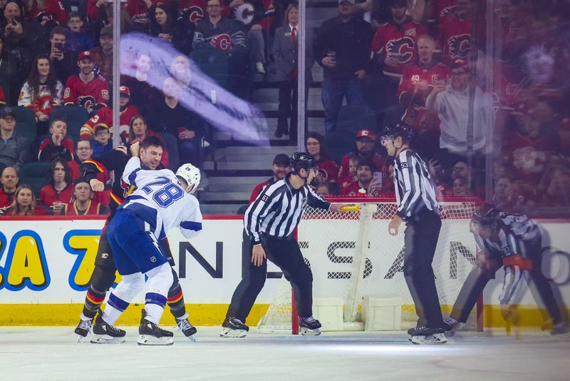 Jan 21, 2023; Calgary, Alberta, CAN; Tampa Bay Lightning defenseman Ian Cole (28) and Calgary Flames left wing Milan Lucic (17) fight during the first period at Scotiabank Saddledome. Mandatory Credit: Sergei Belski-USA TODAY Sports