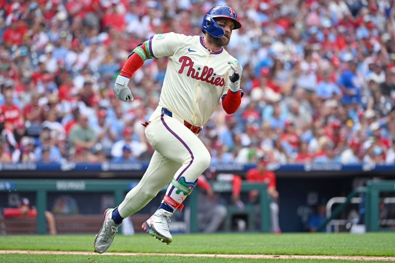Aug 24, 2025; Philadelphia, Pennsylvania, USA; Philadelphia Phillies first base Bryce Harper (3) hits a double during the sixth inning against the Washington Nationals at Citizens Bank Park. Mandatory Credit: Eric Hartline-Imagn Images