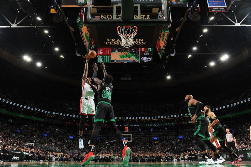 BOSTON, MA - DECEMBER 2: Bam Adebayo #13 of the Miami Heat shoots the ball during the game against the Boston Celtics on December 2, 2024 at TD Garden in Boston, Massachusetts. NOTE TO USER: User expressly acknowledges and agrees that, by downloading and/or using this Photograph, user is consenting to the terms and conditions of the Getty Images License Agreement. Mandatory Copyright Notice: Copyright 2024 NBAE (Photo by Brian Babineau/NBAE via Getty Images)